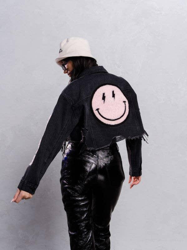 Trio Urban - Vente Veste en jean – femme - Veste courte en jean rose Smiley Face17