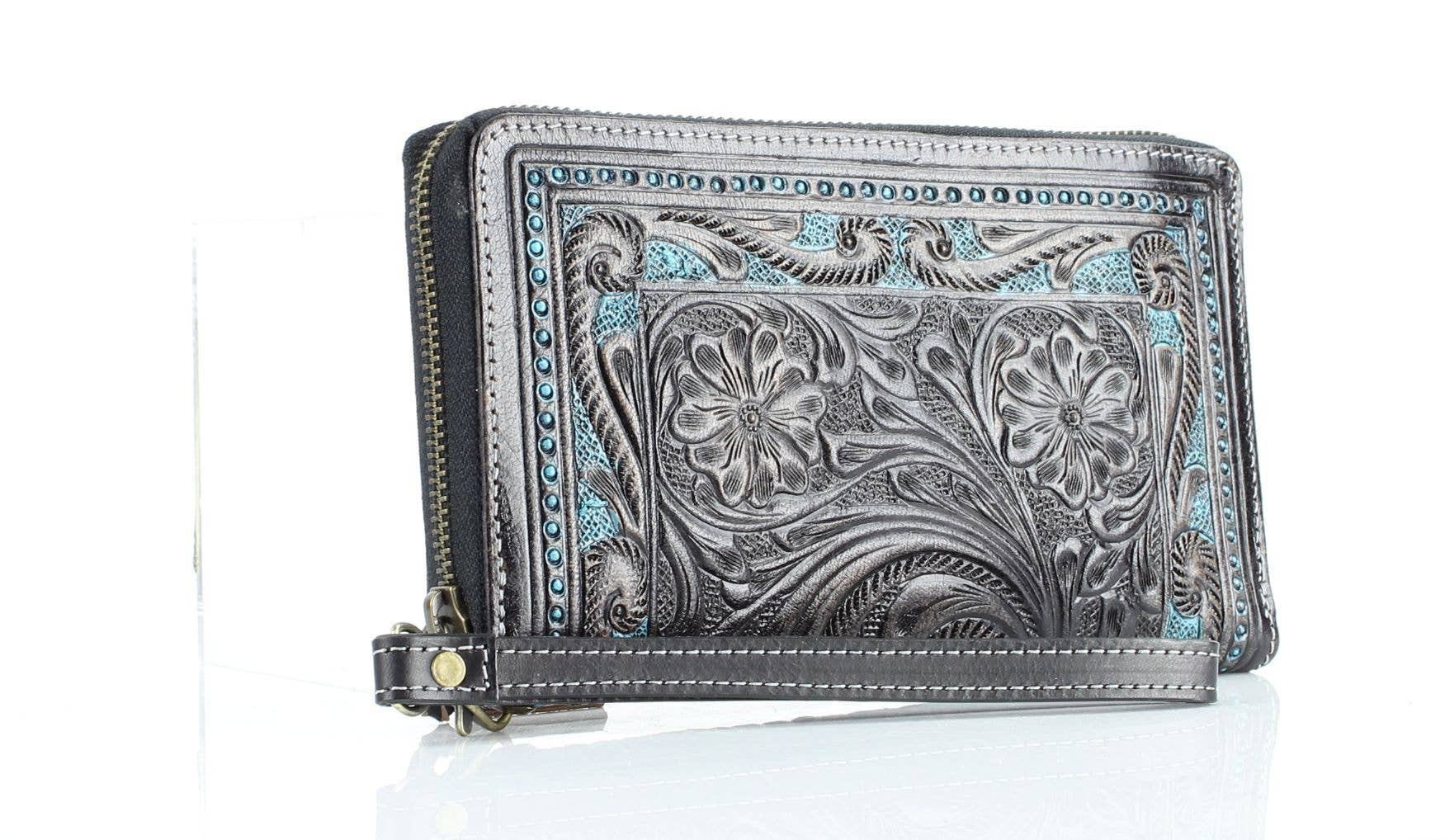 Leather Impressions Inc - Wholesale Wristlet - American Bison Tooled Leather Zip Around Wristlet7