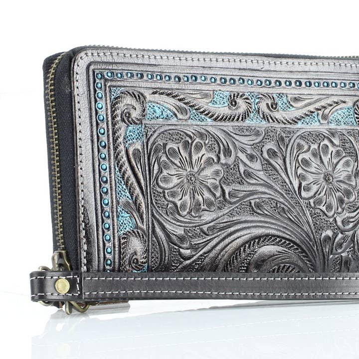 Leather Impressions Inc - Wholesale Wristlet - American Bison Tooled Leather Zip Around Wristlet7
