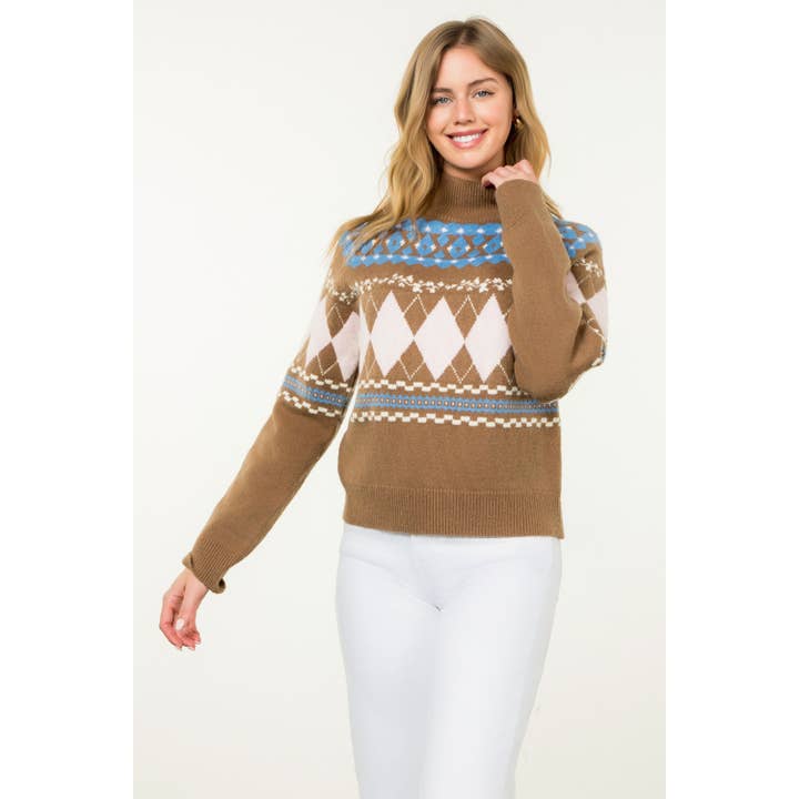 BROWN Argyle Fair Isle Mock Neck Sweater for wholesale on Faire