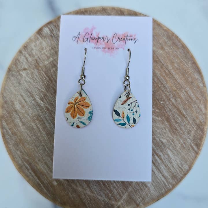 A Glamper's Creations LLC - Wholesale Dangle Earrings - Mustard & Turquoise Floral MINI Teardrop Leather Earrings2