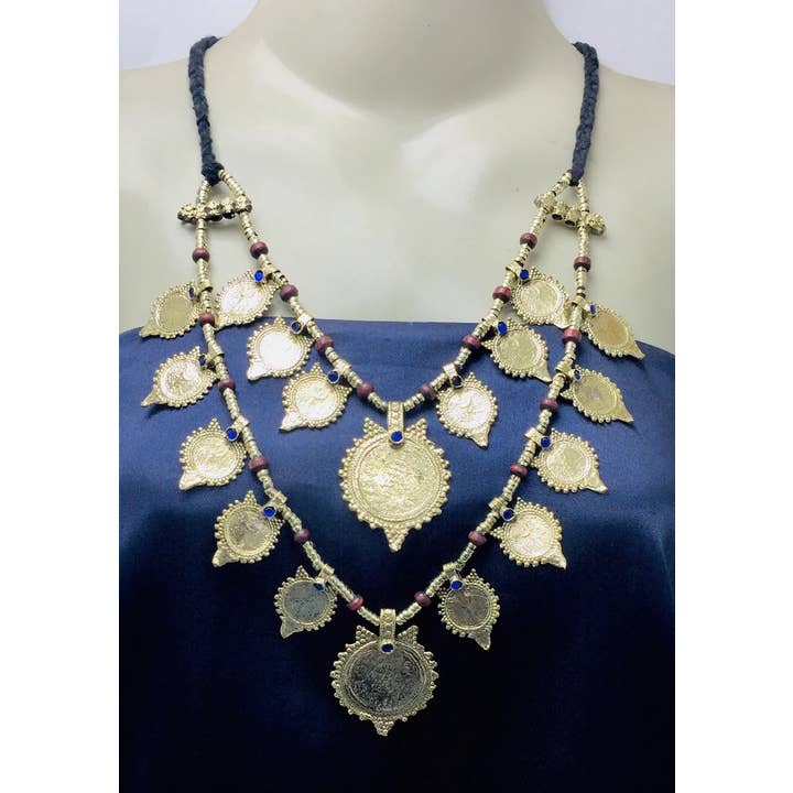 vintarust - Vente Colliers à pendentif - Collier Tribal Vintage à deux couches, pièces vintage
