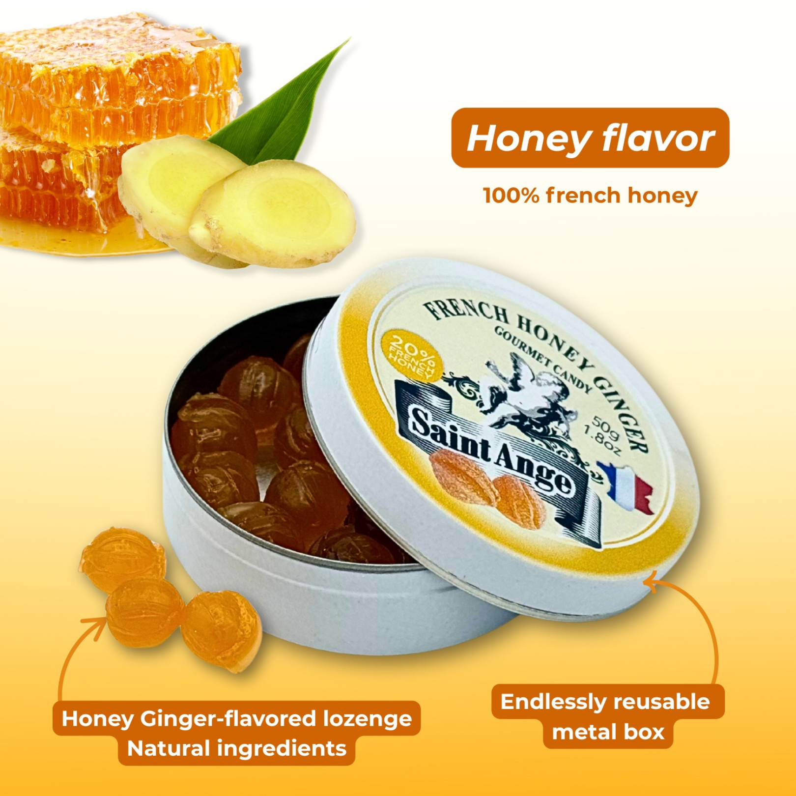 Bonbon USA France - Wholesale Hard Candy - Saint Ange Honey Ginger - French Gourmet Natural Candy Tin4
