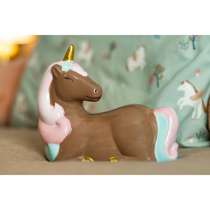 Braunes Einhorn-Sparschwein für Mädchen für den Großhandel von Precious Little Lamb