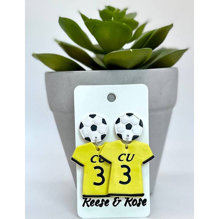 Custom Soccer Jersey Futbol Earrings, Stainless Steel Clay for wholesale by Reese & Rose Co.