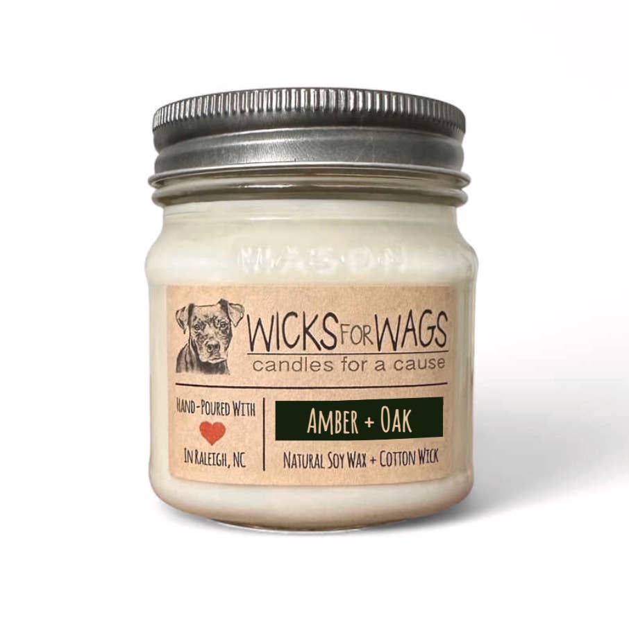 Wicks for Wags - Wholesale Jar/filled candle - Amber + Oak | 8 oz Standard Mason Jar Soy Candle