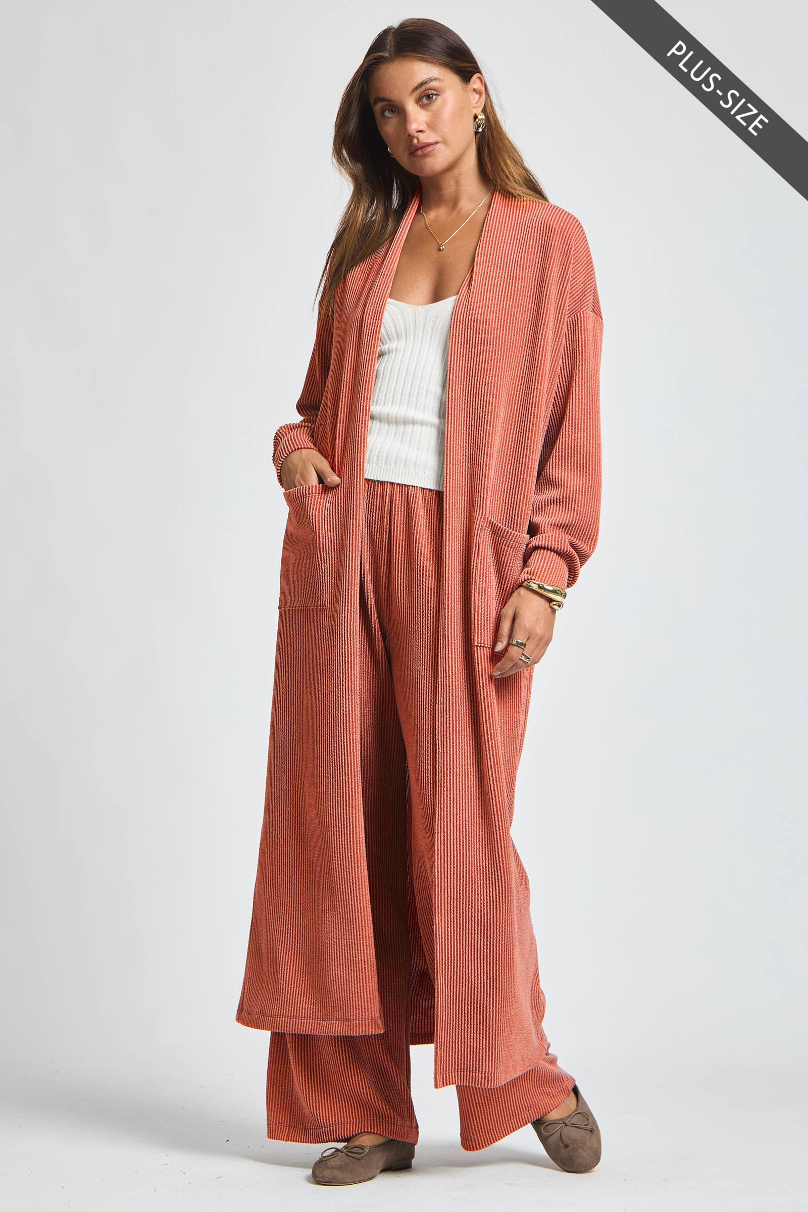 Dear Scarlett - Wholesale Top & Pant Set (NOT Loungewear) - Women's - PLUS SIZE Longline Cardigan + Relaxed Pants 2 Piece Set0