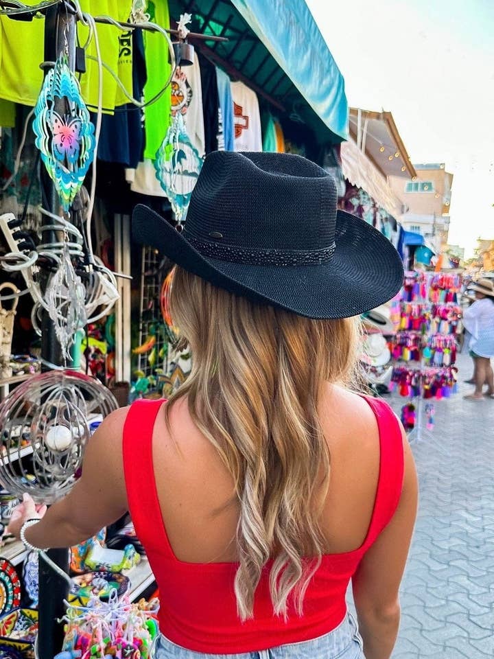 CBC09 C.C Brand Becky Chapéu Cowboy c/ Pedrinestone e Pérola Preta por atacado de MiMi Wholesale