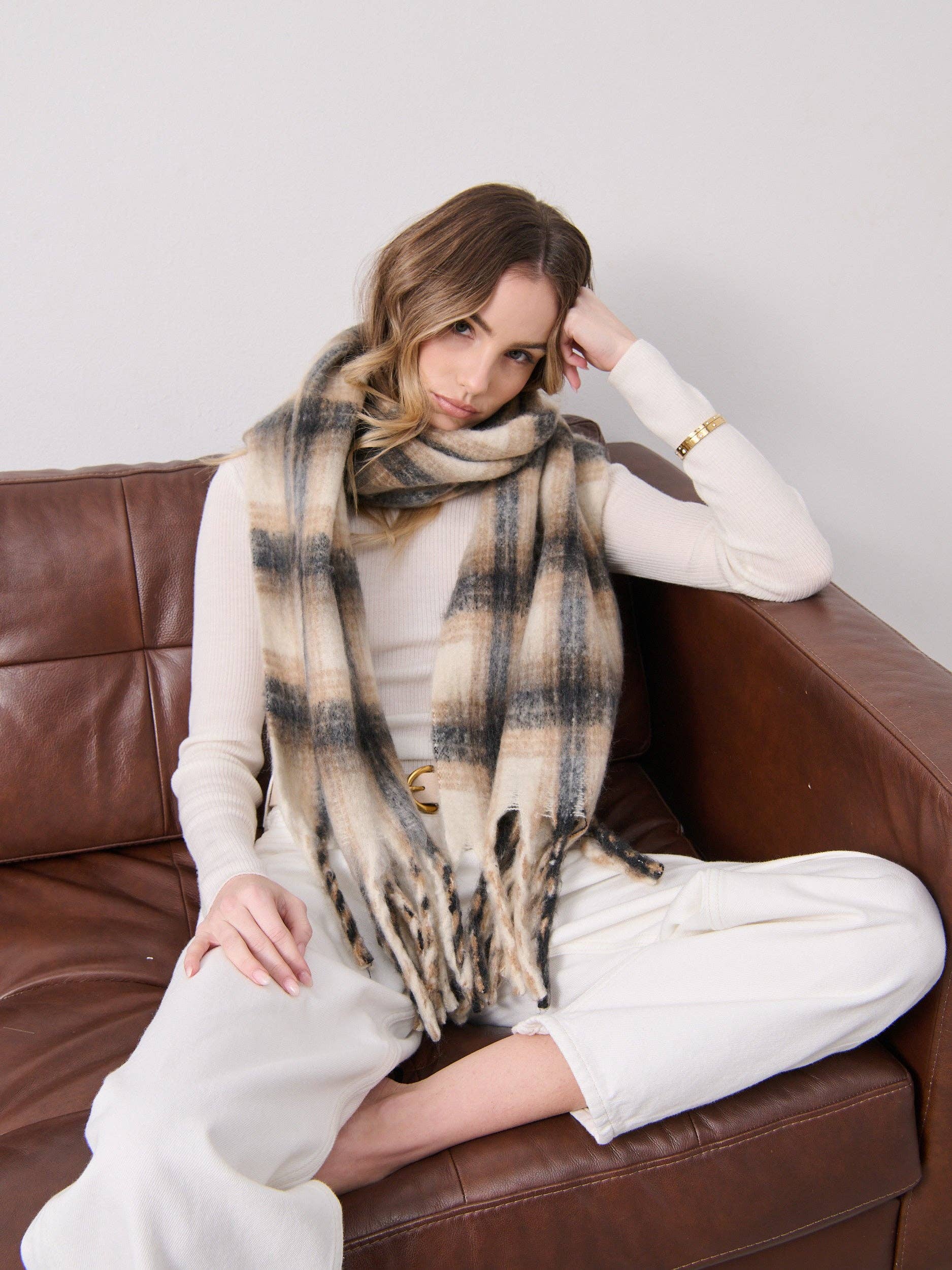 Angels Whisper Accessories - Wholesale Scarf - Women's - Elena Checkered Fluffy Scarf in White1