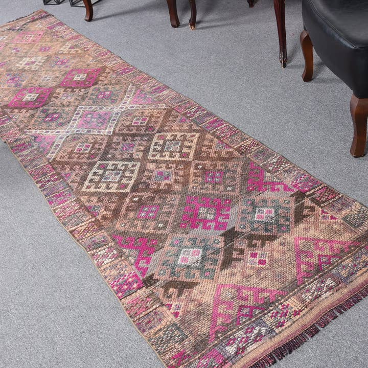 Tapete Geométrico Vintage Rosa e Castanho, 2,7x11,1 Pés Tapete Tecido à Mão com Franjas por atacado de Vintage Rugs Loom