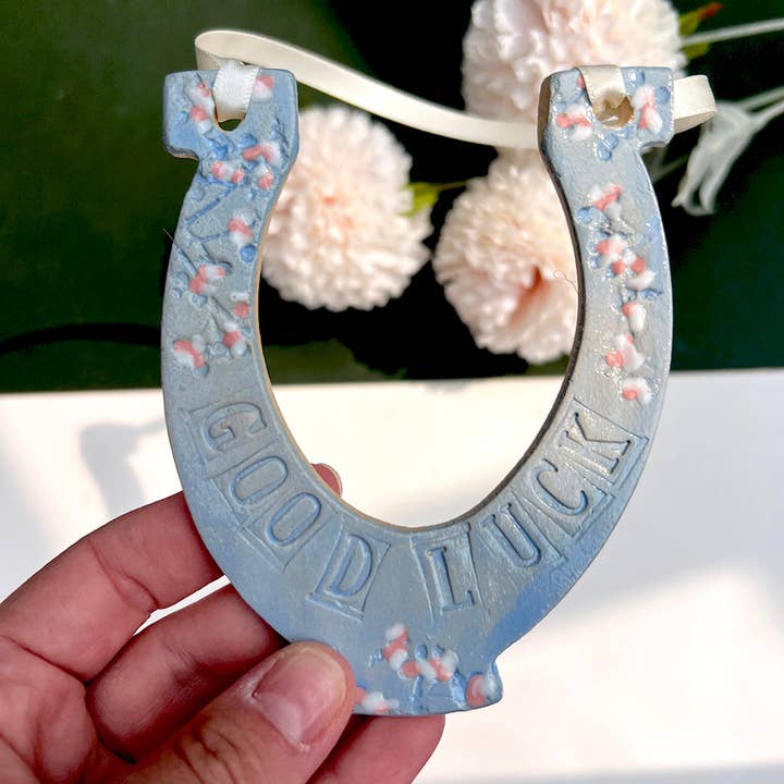 Blue Good Luck Wedding Horseshoe for wholesale by Juliet Reeves Designs