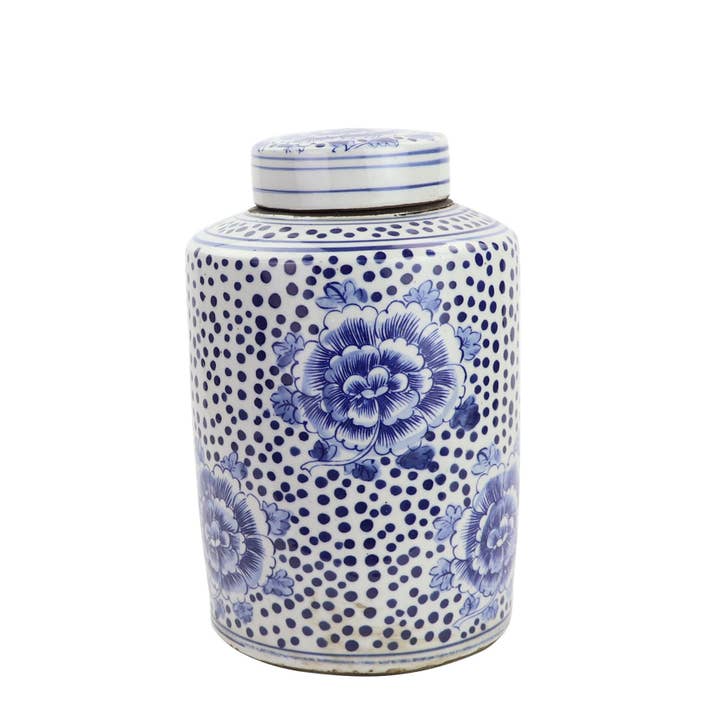 Blue And White Mini Tea Jar Peony Dots Large for wholesale by Legend Accents