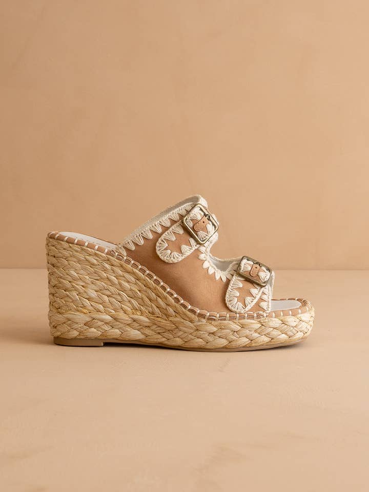 The Rae | Camel Embroidered Espadrille Wedges Double Buckle for wholesale by OASIS SOCIETY