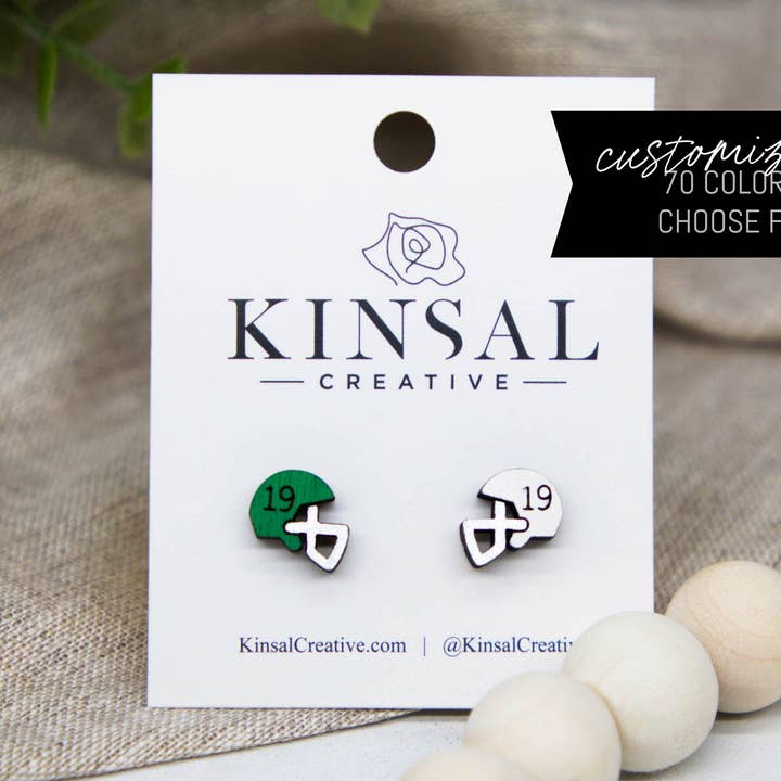 Football Helmet Numbered Customizable Wood Stud Earrings for wholesale by Kinsal Creative
