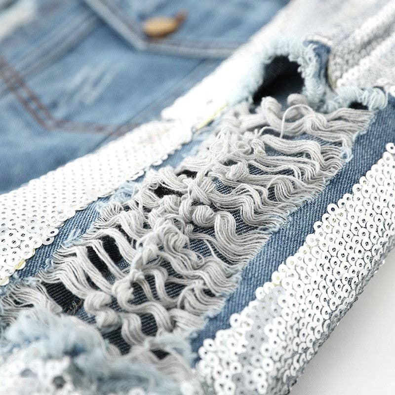 BLUE Short Loose Ripped Sequin Denim Jacket for wholesale on Faire3