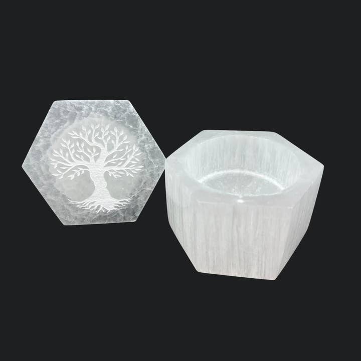 Crystal River Gems LLC - Vendita all'ingrosso Scatole decorative - Scatola Esagonale in Selenite con Albero della Vita Intagliato sul Coperchio