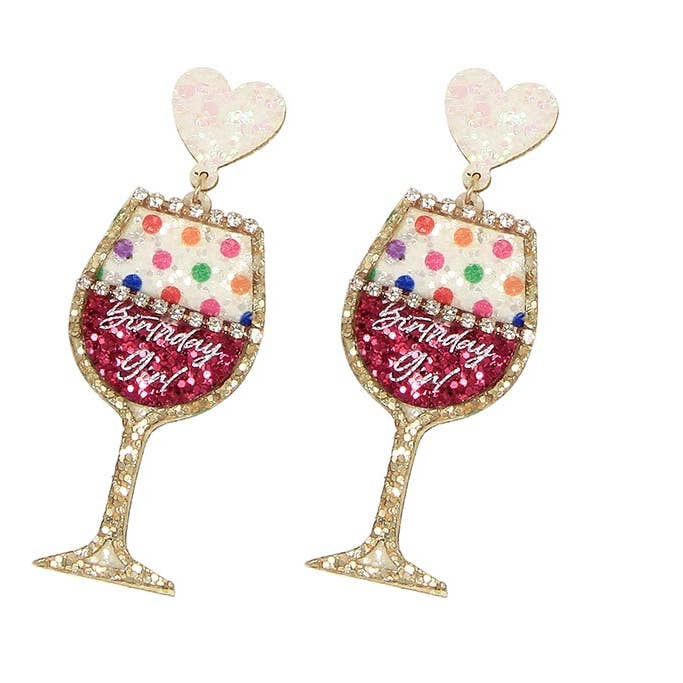 Kaleidoscope Accessories - Wholesale Dangle Earrings - Glittery Birthday Girl Wine Earrings, 2 Assorted