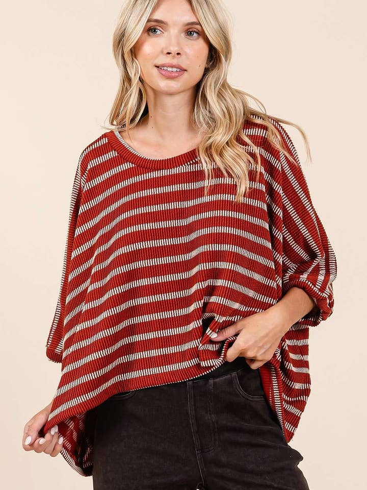 TEXTURE STRIPED PRINT ROUND NECK DOLMAN SLEEVE TOP for wholesale by mittoshop
