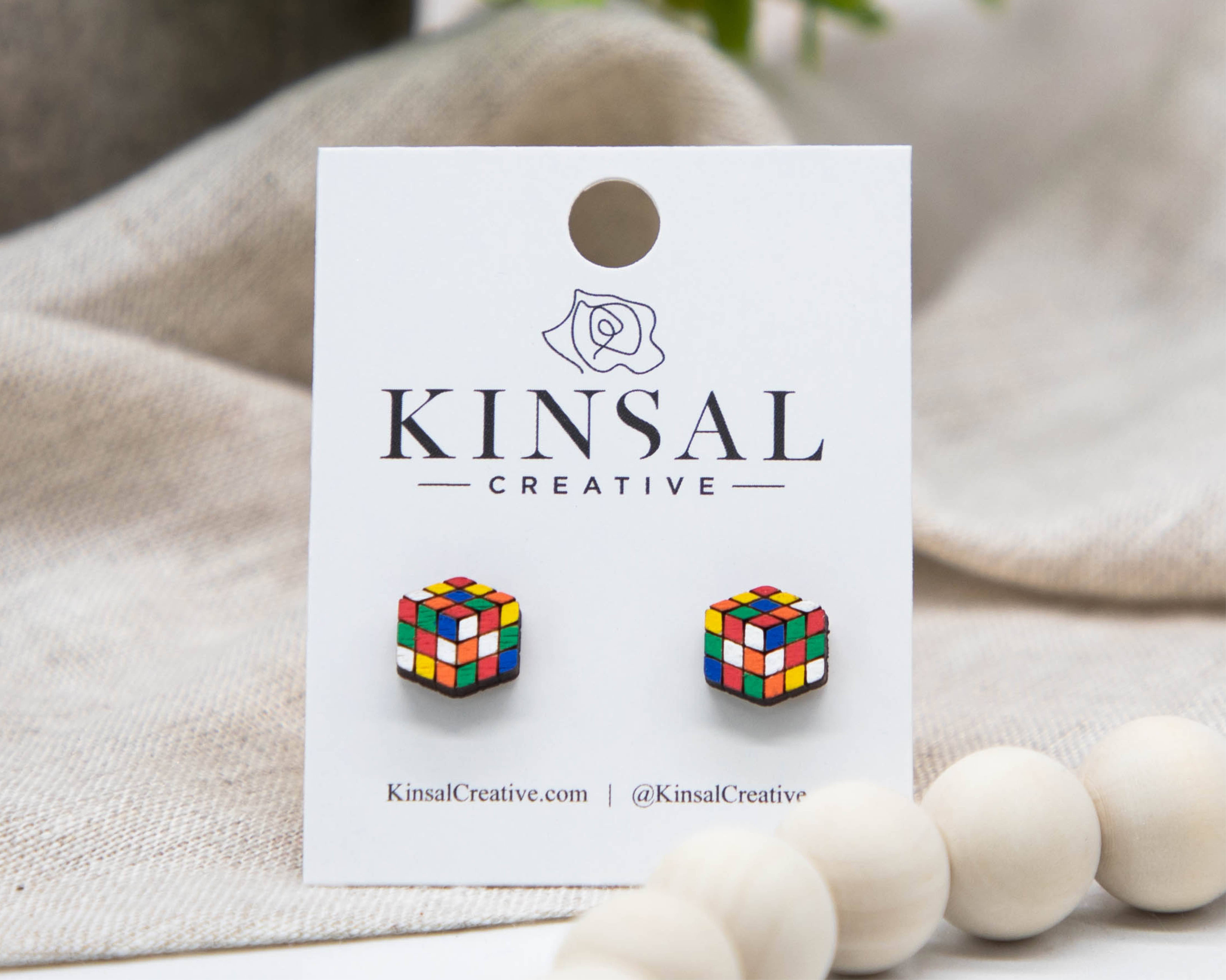 Kinsal Creative - Wholesale Stud/Post Earrings - Puzzle Cube Wood Stud Earrings