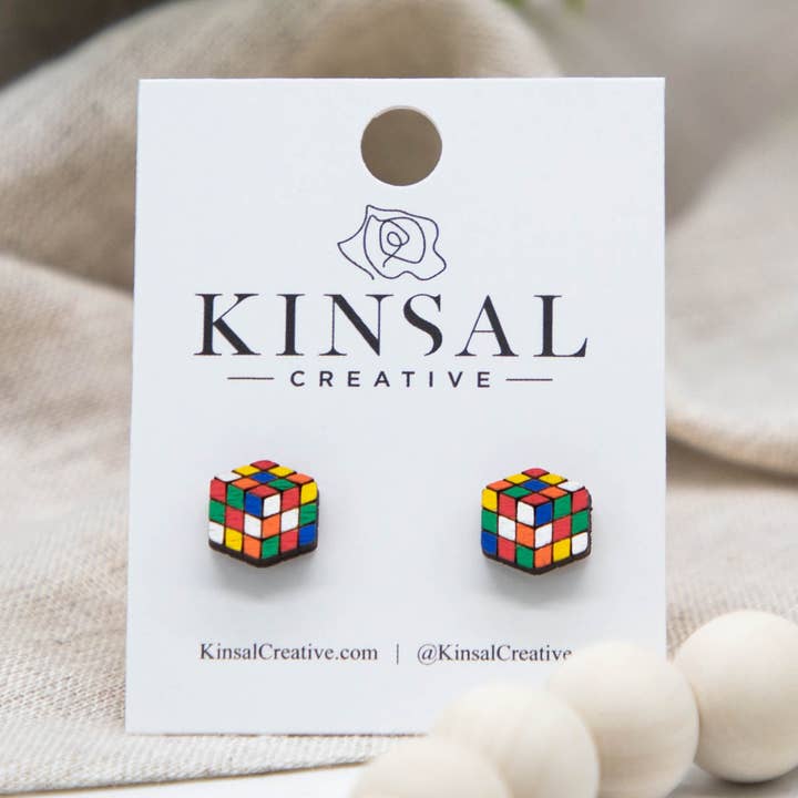 Kinsal Creative - Wholesale Stud/Post Earrings - Puzzle Cube Wood Stud Earrings0