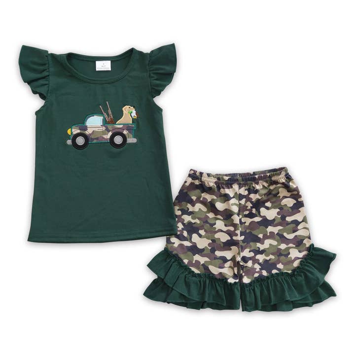 Yawoo Garments - Wholesale Top & Short Set - Kids - Camo truck dog embroidery kids girls hunting clothes