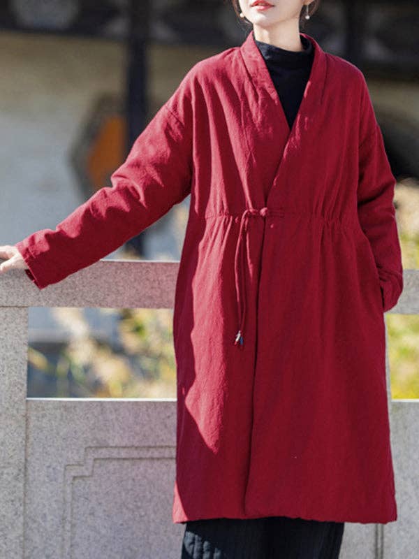 VividLux – Engroshandel Frakke - Dame – Lange ærmer Løst bomuldspolstret tøj Træksnor Quiltet ensfarvet fløjl V-hals Overtøj Polstret frakke4