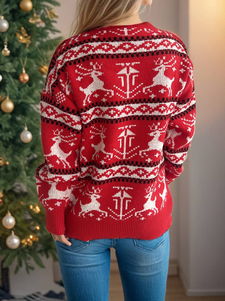 Red Christmas Crewneck Colour-Block Fawn Knitted Sweater for wholesale on Faire