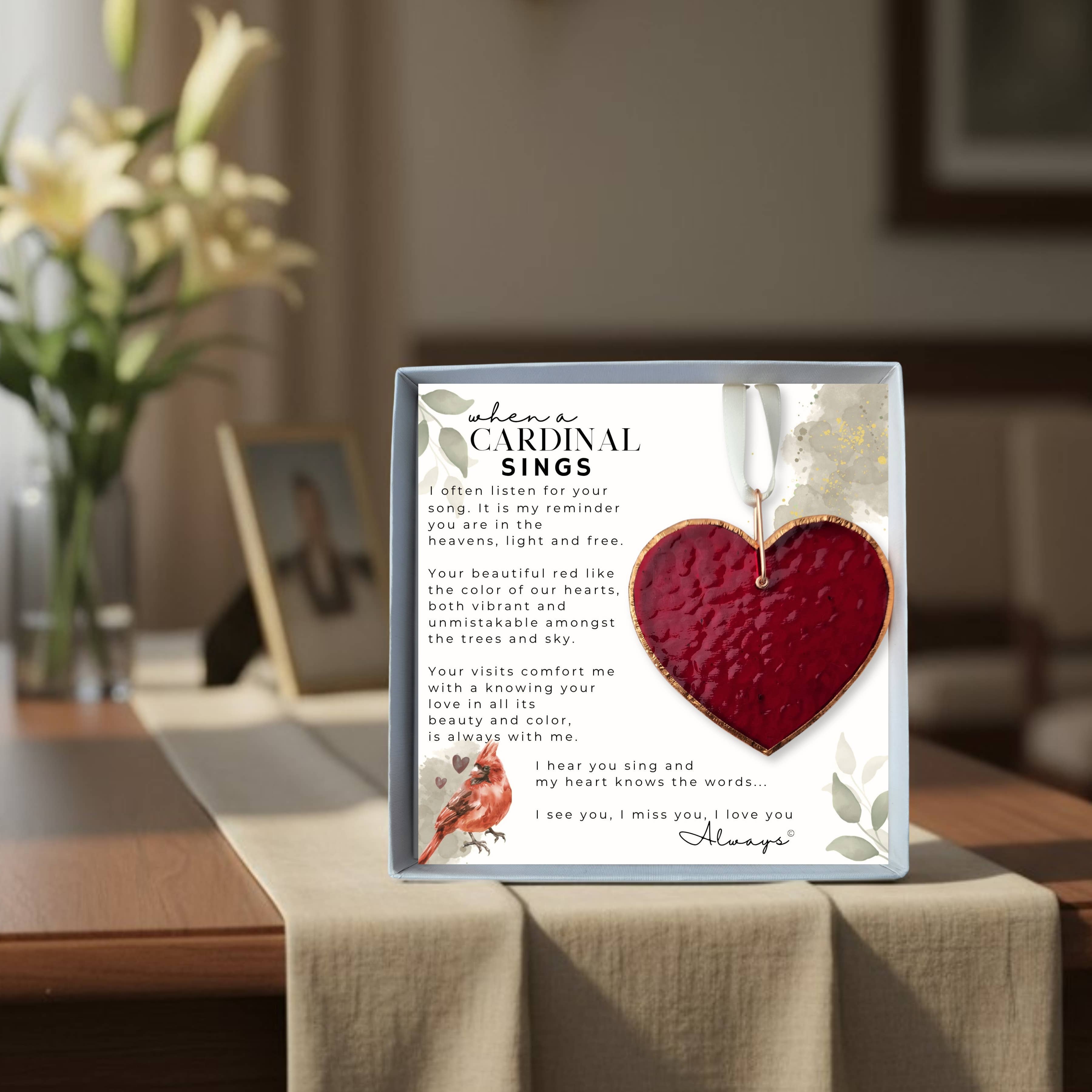 The Grandparent Gift Co. Inc. - Wholesale Ornament - When A Cardinal Sings Memorial Stained Red Glass Heart 49001