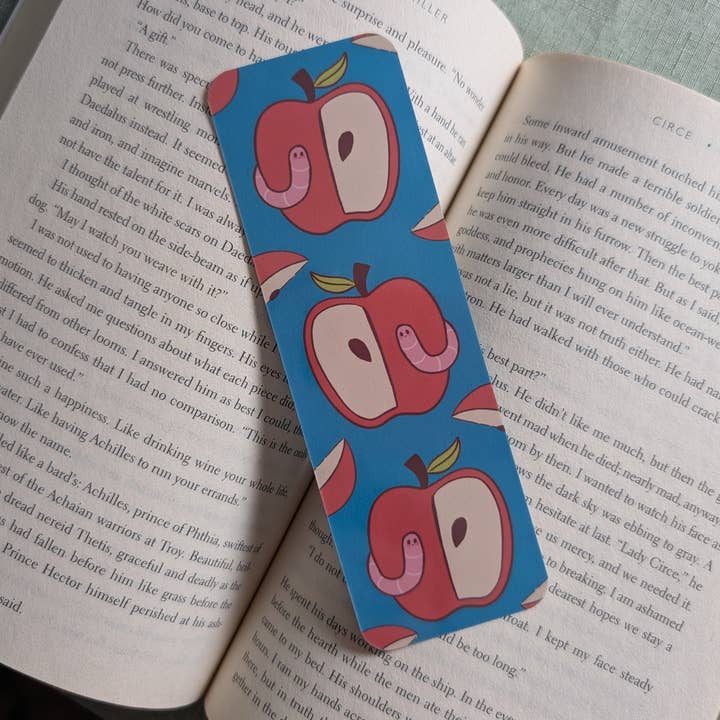 Apple and Worm Bookmark, Laminated, Rounded Corners for wholesale by Songquill