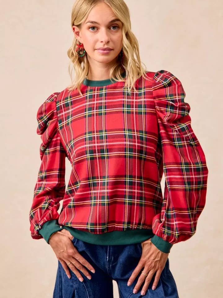 BiBi Christmas Plaid Exaggerated Shoulder Sleeves Top for wholesale by Garden Naked