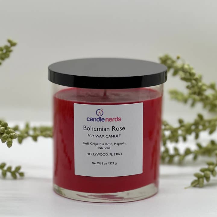 Vela de soja Bohemian Rose en tarro de vidrio con tapa negra para venta al por mayor de Candle Nerds