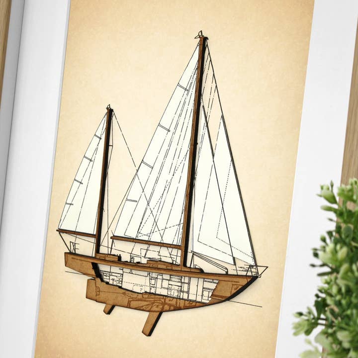 Blauwdruk voor zeilboten, nautisch decor voor wholesale door Simply Cut Art