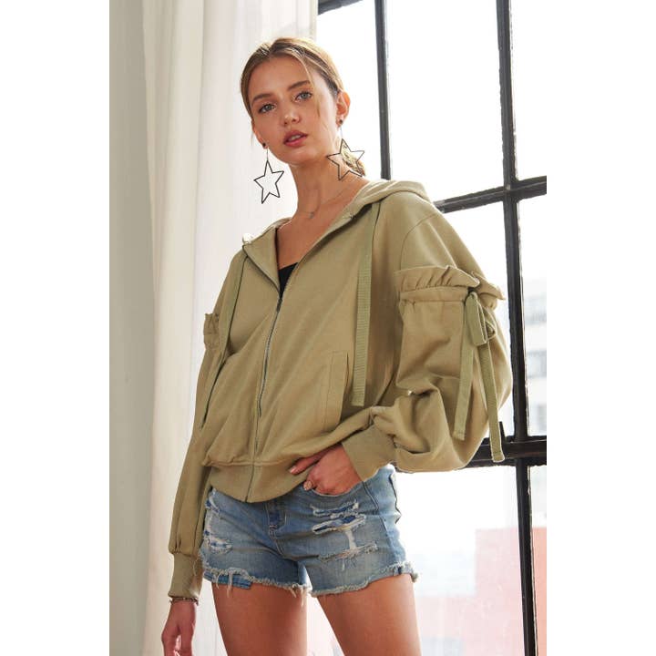 Ruffled Puff Sleeve Zip Up Hoodie for wholesale by DORCAS