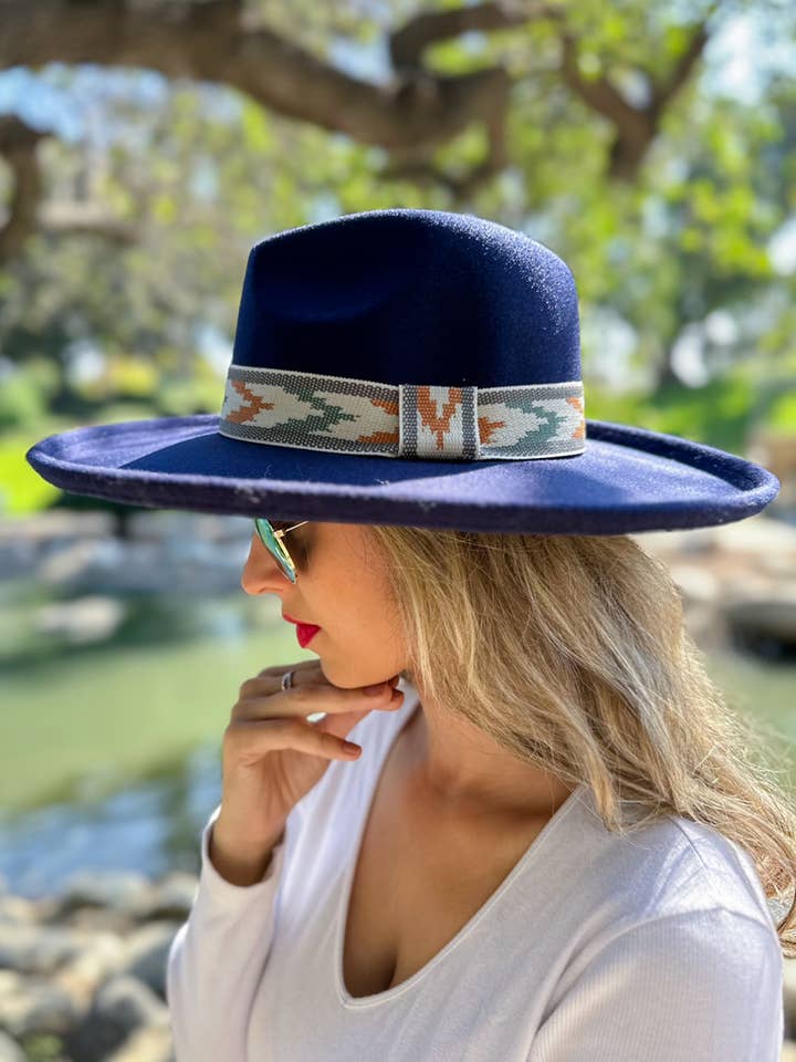 Navy Multi Aztec Western Print Trimmed Fedora Hat for wholesale by AMOLI