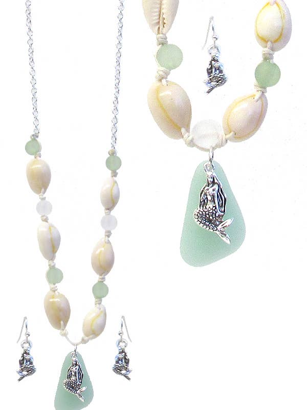 ( WX1067 ) SEALIFE SEAGLASS AND COWRIE SHELL NECKLACE SET for wholesale by Jewelry Max