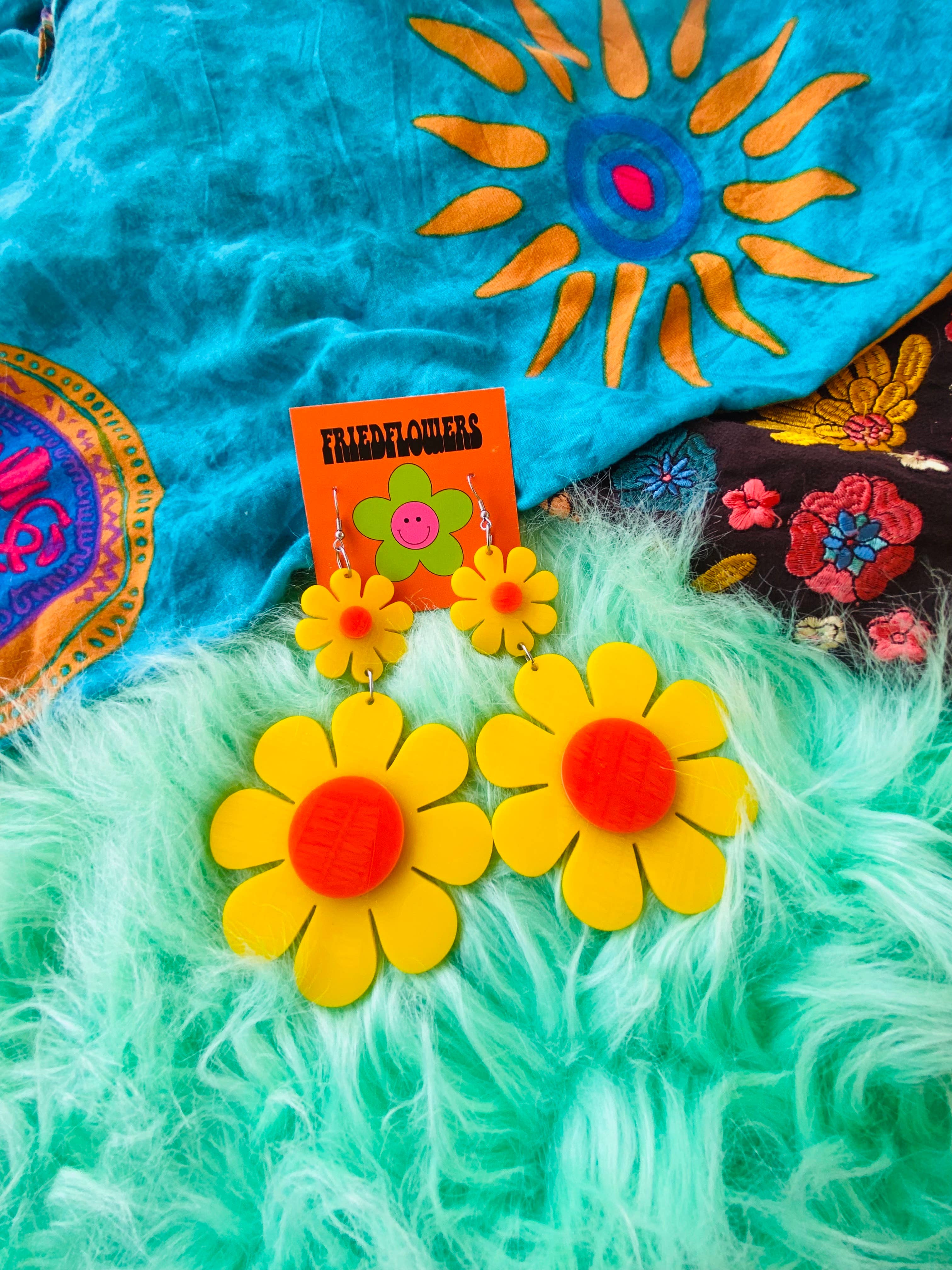 friedflowers - Wholesale Dangle Earrings - Mellow Yellow Groovy  retro inspired  Flower Power Earrings1