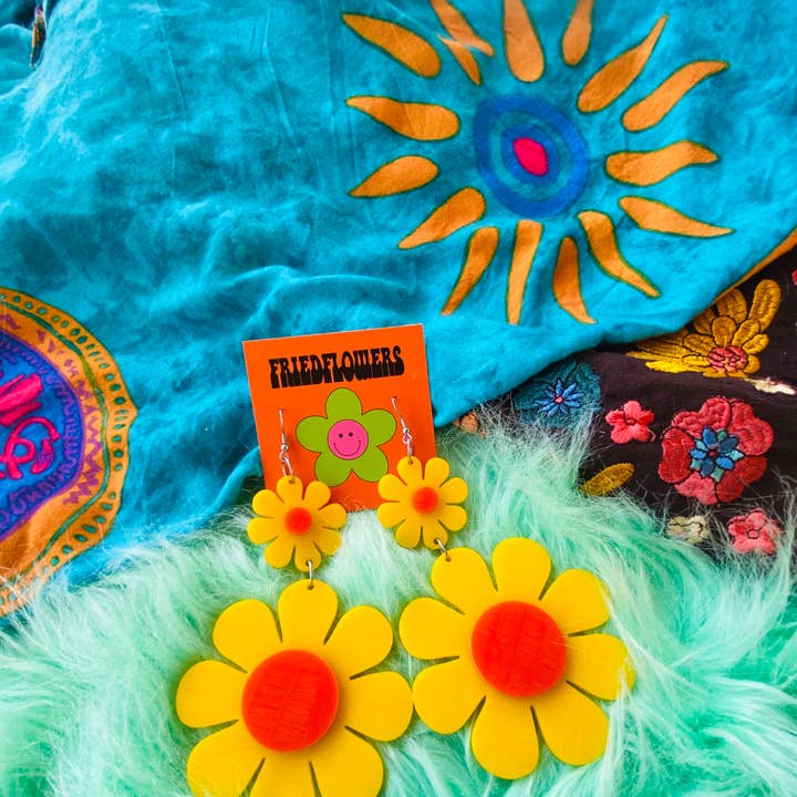 friedflowers - Wholesale Dangle Earrings - Mellow Yellow Groovy retro inspired Flower Power Earrings1