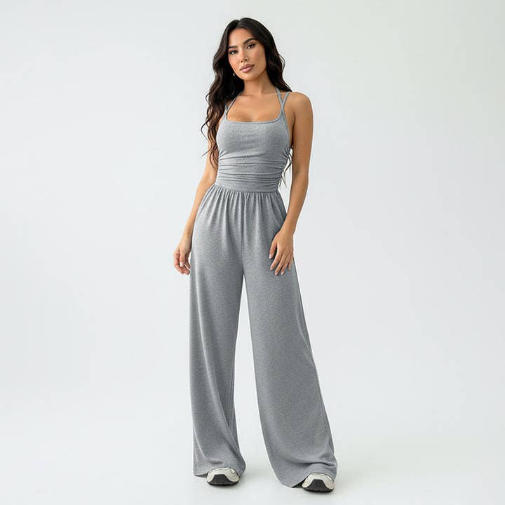 Zwarte straploze jumpsuit set voor dames met wijde pijpen voor wholesale door UZ Wholesale Store