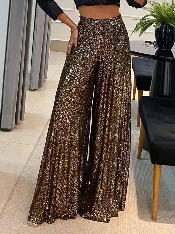Rosa Clothing - Wholesale Pants - Women's - High-Rise Shiny Party Sequin Wide-Leg Pants