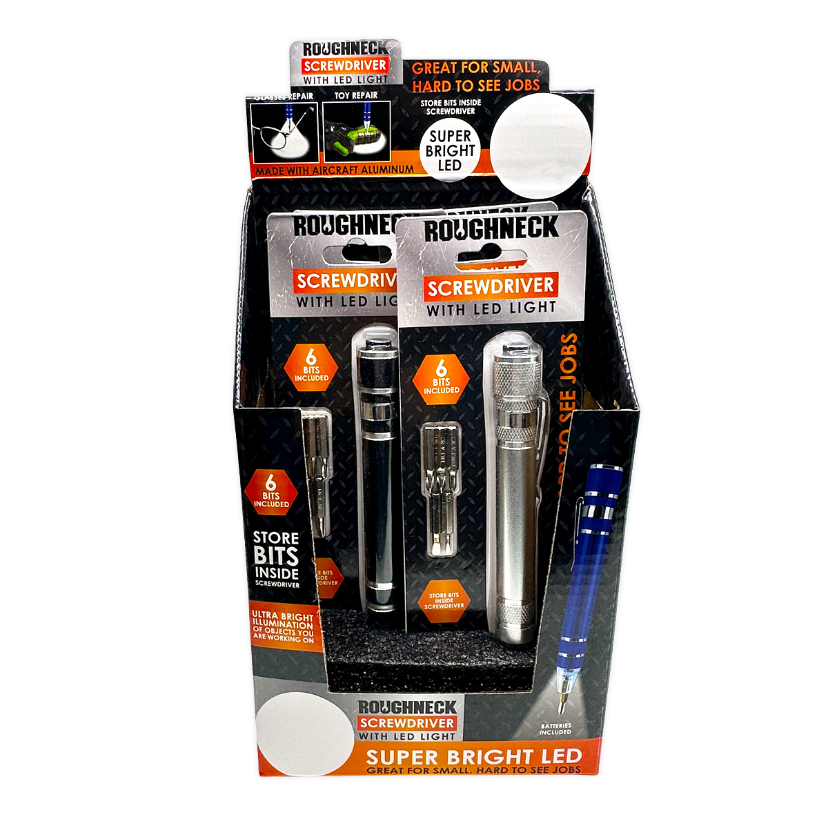 Novelty Brands - Wholesale Handy Tool - Roughneck LED Screwdriver with Bits Assortment - 4/Display2