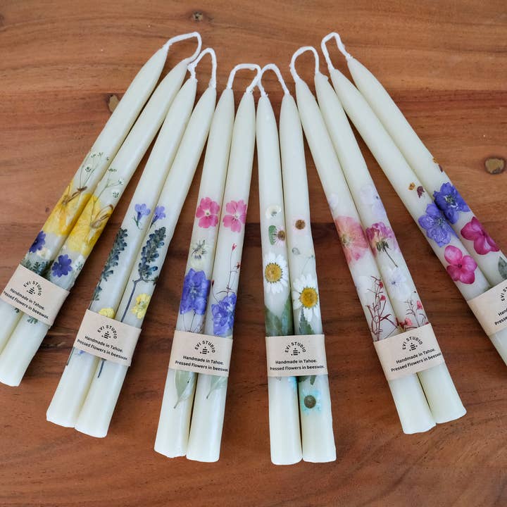 10" Beeswax Botanical Tapered Candle Pairs, Real Flowers for wholesale by Evi Studio