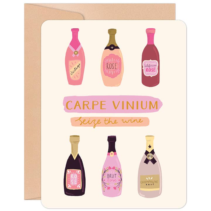 Willow & Ivy Press – wholesale Birthday card – Carpe Vinium Seize the Wine Pink Wine Bottles Birthday Card