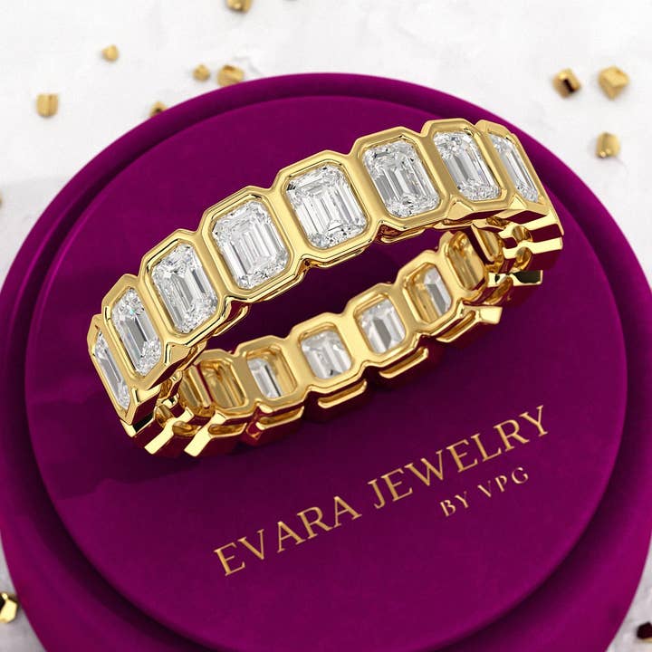 4 Carat Bezel Set Emerald Cut Diamond Eternity Wedding Band for wholesale by Evara Jewelry