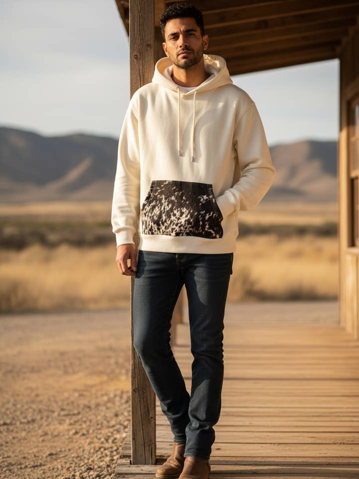 Western Linens - Vente Sweat à capuche – femme - Sweat à capuche beige avec poche en cuir de vachette1