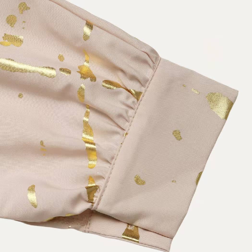 Light Khaki Metallic Gold Pattern Collared Butto-Up  Shirt for wholesale on Faire4