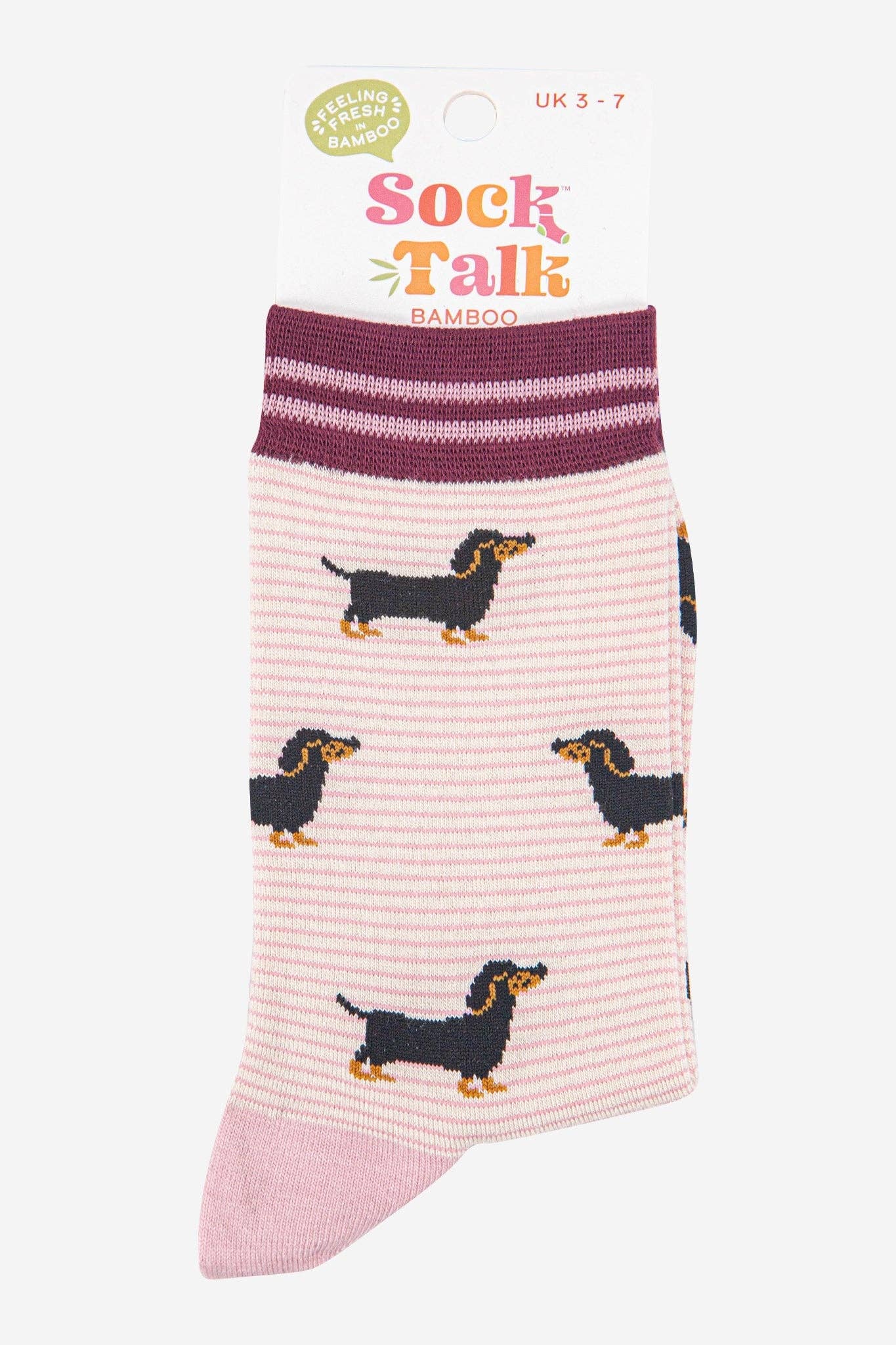Sock Talk - Wholesale Socks - Women's - Women's Bamboo Socks - Cream/Berry, Sausage Dog Stripes3