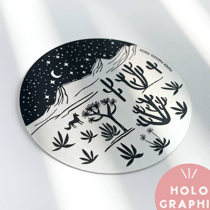 Desert Landscape Holographic Durable Vinyl Sticker for wholesale by Paper Parasol Press