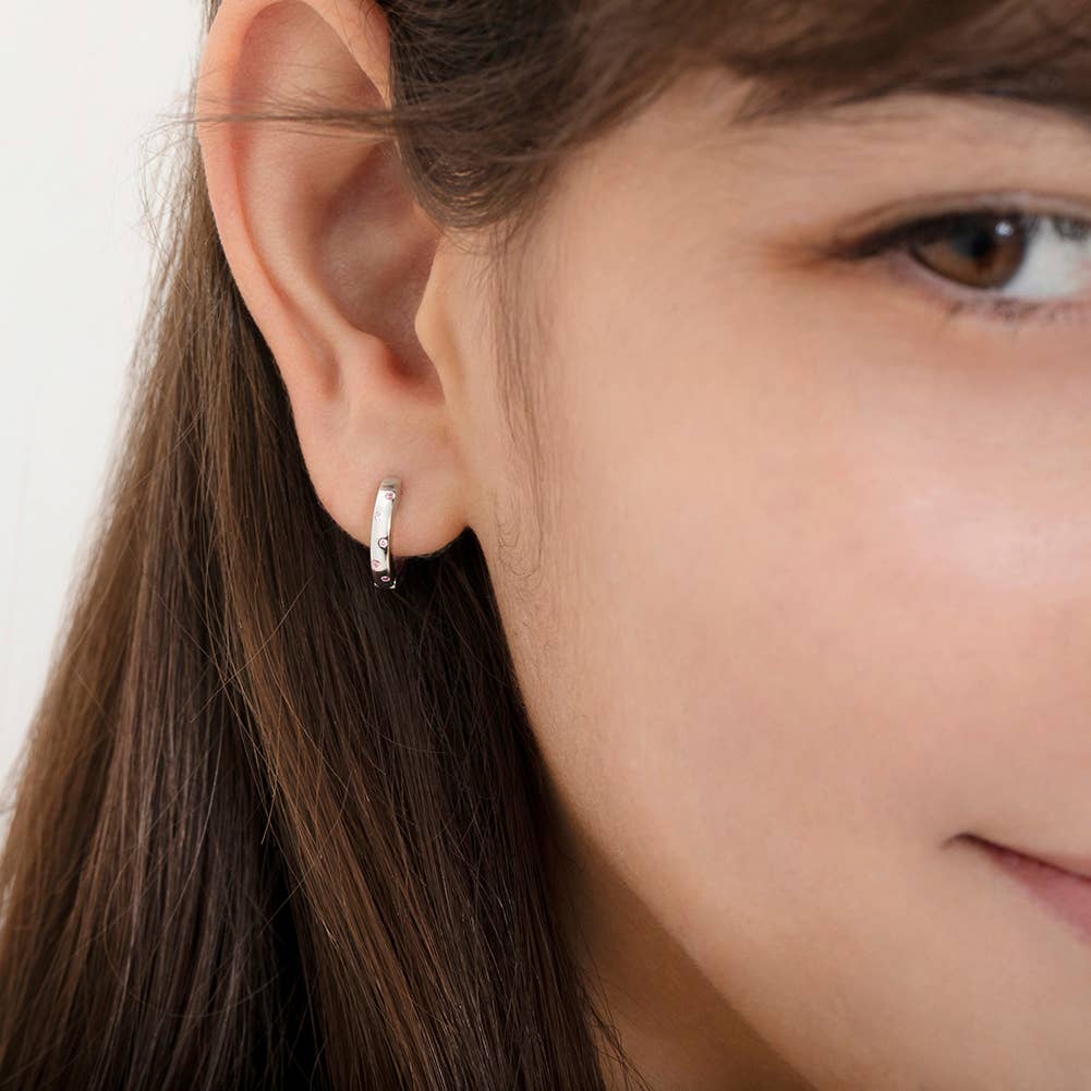 In Season Jewelry – wholesale Huggie earrings – Staggered CZ Gems 9mm Girls Earrings Hoop - Sterling Silver2