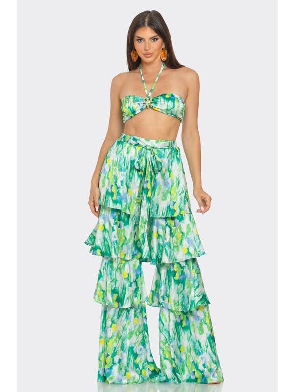 BANJUL - Wholesale Top & Pant Set (NOT Loungewear) - Women's - BCCTP44574 2Pcs Print Top & Ruffle Pants Set
