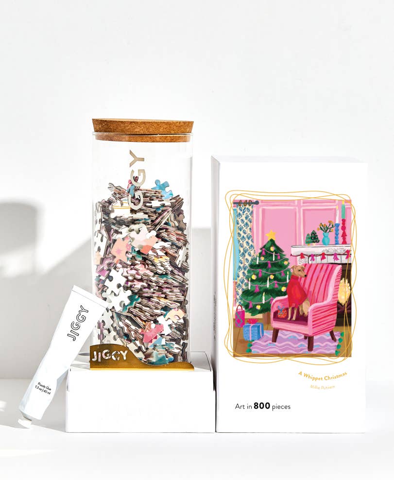 JIGGY Puzzles - Wholesale Puzzle - Adult - 800pc Puzzle & Glue Kit: A Whippet Christmas, Millie Putland